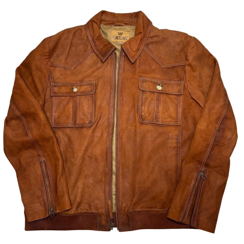 King Ranch Mens Leather Jacket Size XL Cognac Brown Western Bomber Zip Cuff